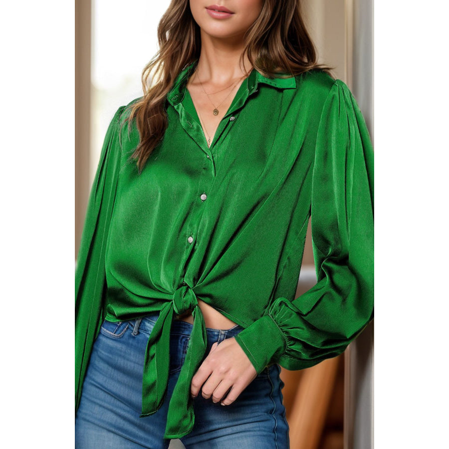 Tied Collared Neck Long Sleeve Shirt Green / S Apparel and Accessories