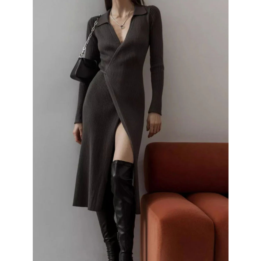 Tied Collared Neck Long Sleeve Sweater Dress Apparel and Accessories