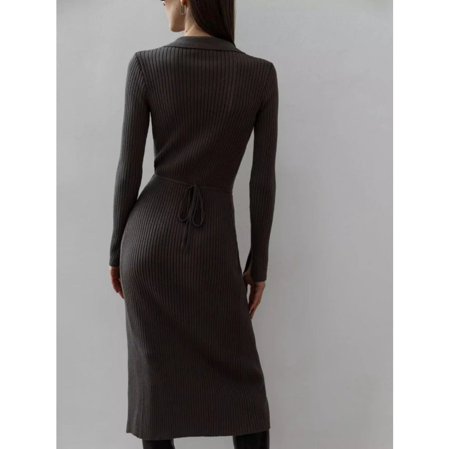 Tied Collared Neck Long Sleeve Sweater Dress Apparel and Accessories