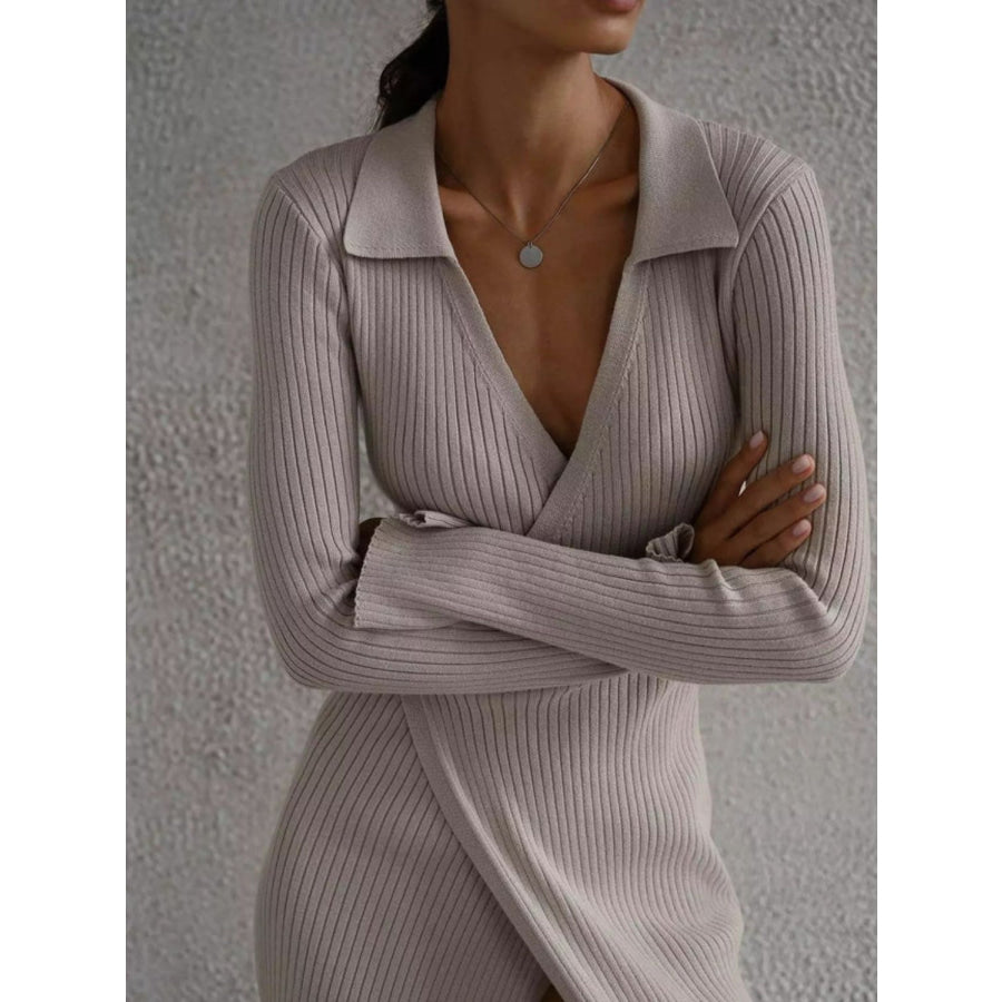 Tied Collared Neck Long Sleeve Sweater Dress Apparel and Accessories