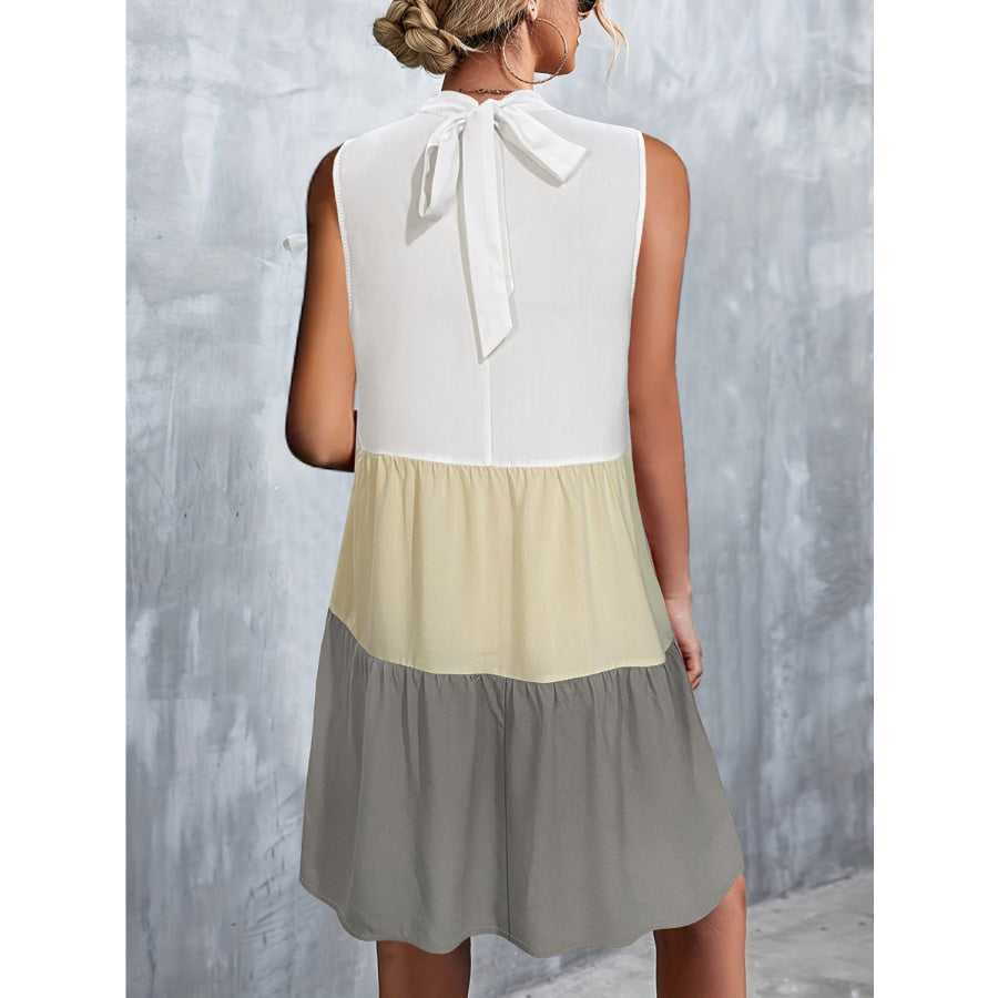 Tied Color Block Mock Neck Sleeveless Dress Apparel and Accessories