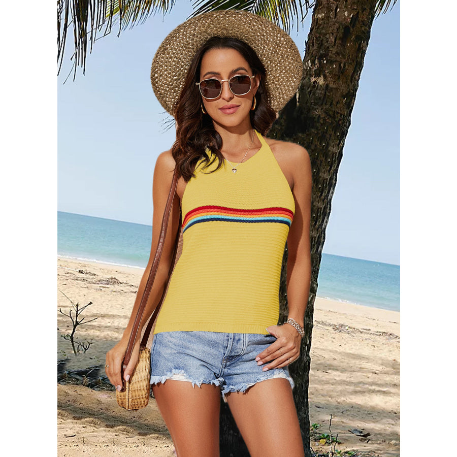 Tied Contrast Halter Neck Tank Yellow / S Apparel and Accessories