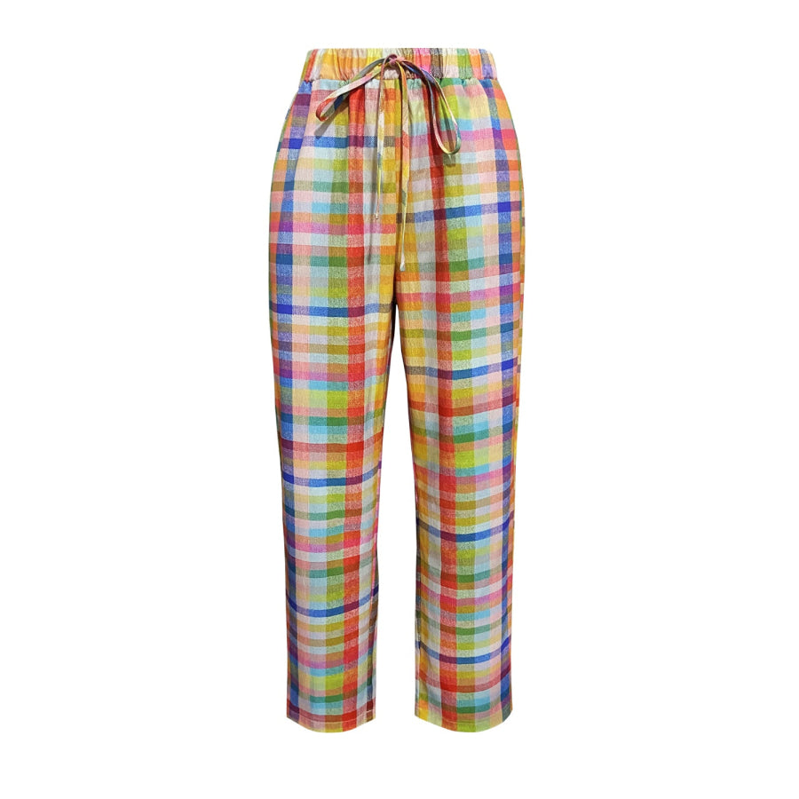 Tied Contrast Plaid Pants with Pockets Apparel and Accessories