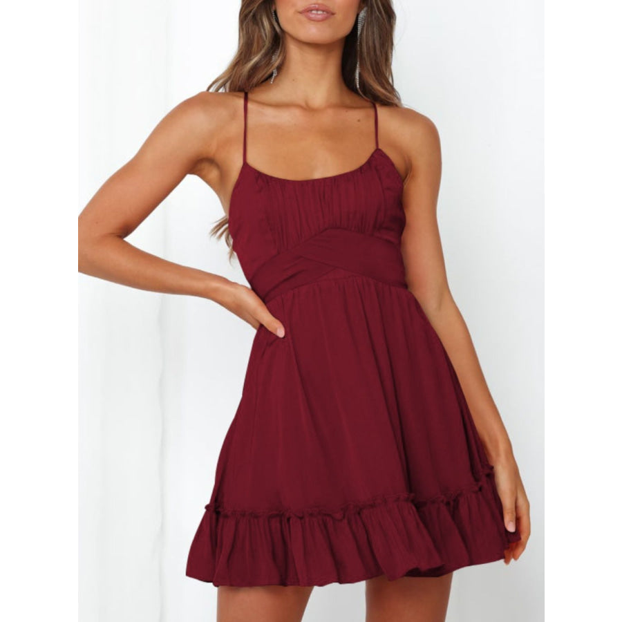 Tied Crisscross Scoop Neck Cami Dress Burgundy / S Apparel and Accessories