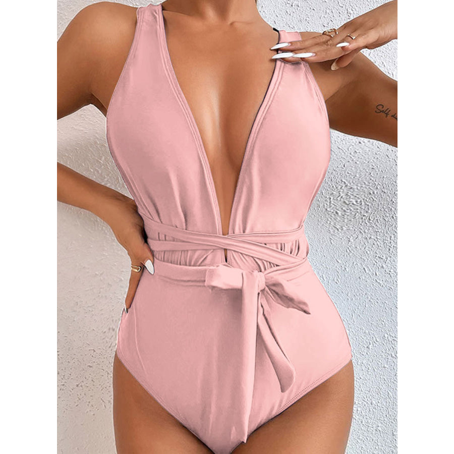 Tied Crisscross Wide Strap One - Piece Swimwear Blush Pink / S Apparel and Accessories
