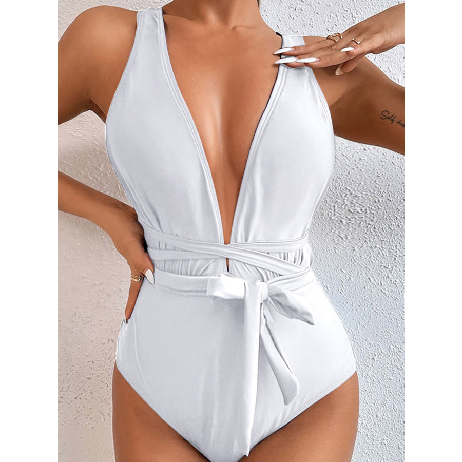 Tied Crisscross Wide Strap One - Piece Swimwear White / S Apparel and Accessories