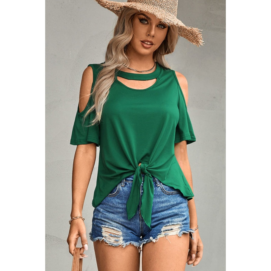 Tied Cutout Cold-Shoulder Top Green / S