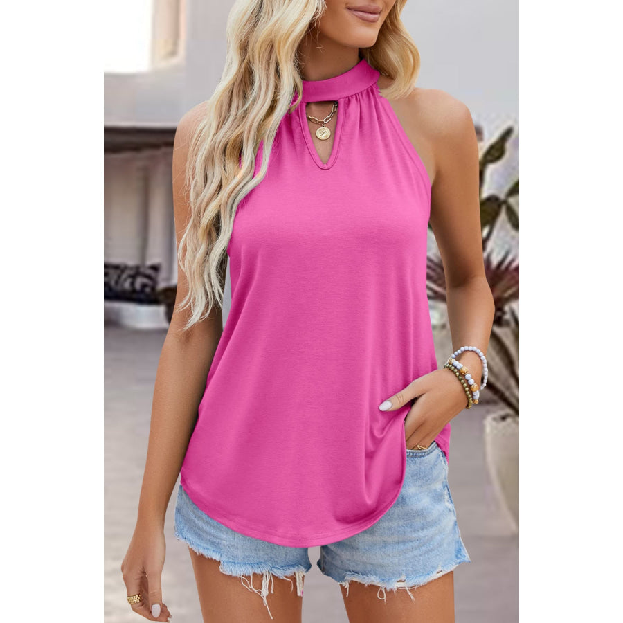 Tied Cutout Grecian Neck Tank Hot Pink / S Apparel and Accessories