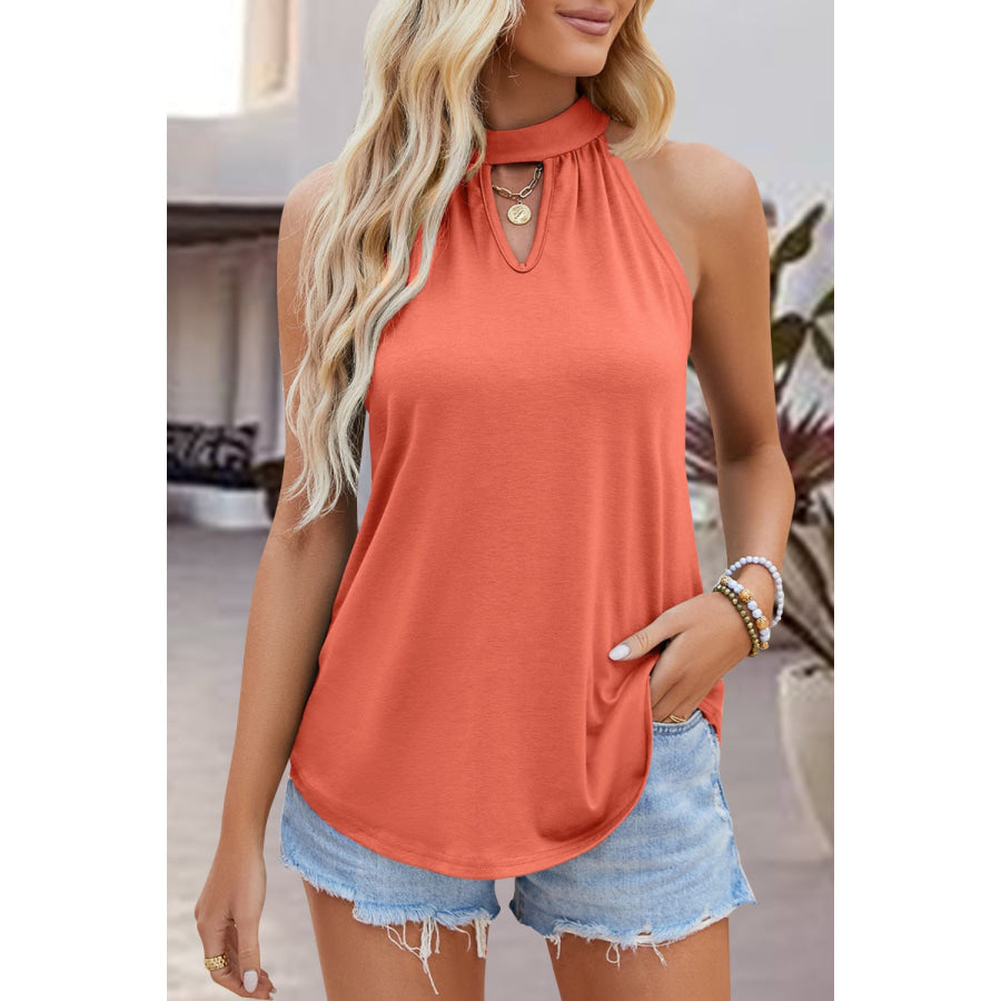 Tied Cutout Grecian Neck Tank Red Orange / S Apparel and Accessories