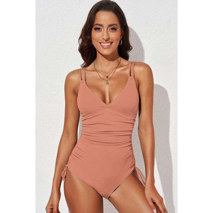 Tied Cutout Plunge One-Piece Swimsuit Burnt Coral / S Apparel and Accessories