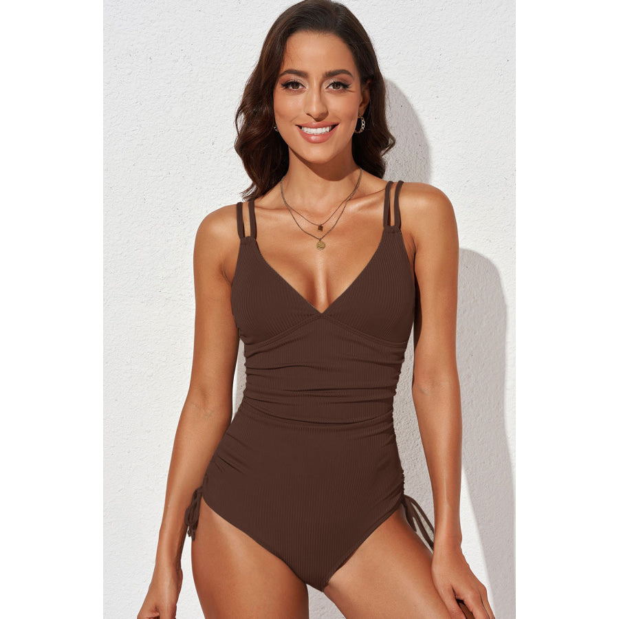 Tied Cutout Plunge One-Piece Swimsuit Chestnut / S Apparel and Accessories