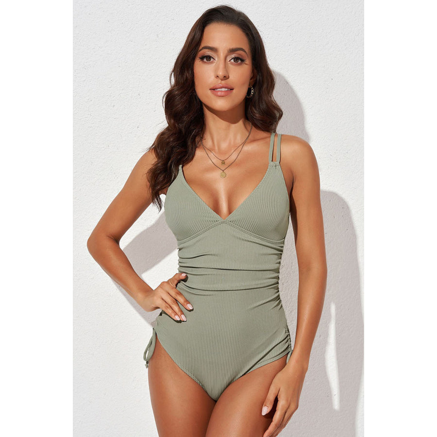 Tied Cutout Plunge One-Piece Swimsuit Sage / S Apparel and Accessories