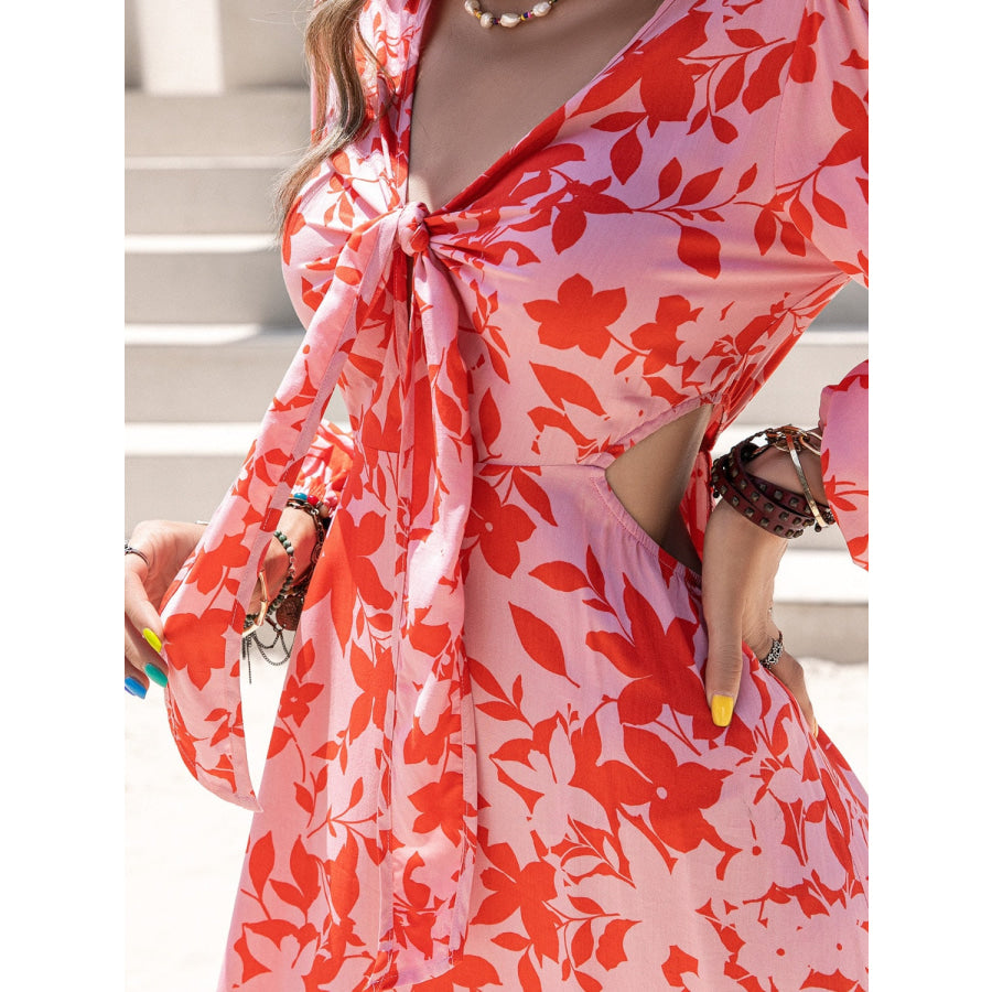 Tied Cutout Printed Long Sleeve Midi Dress Apparel and Accessories