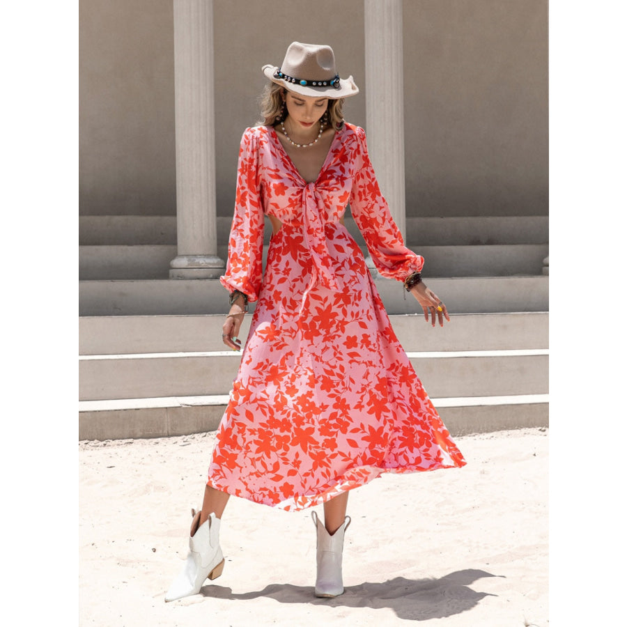 Tied Cutout Printed Long Sleeve Midi Dress Apparel and Accessories