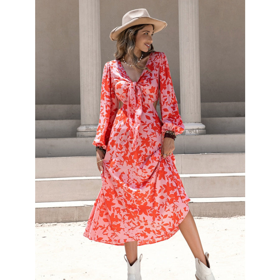 Tied Cutout Printed Long Sleeve Midi Dress Apparel and Accessories