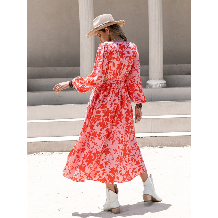 Tied Cutout Printed Long Sleeve Midi Dress Apparel and Accessories