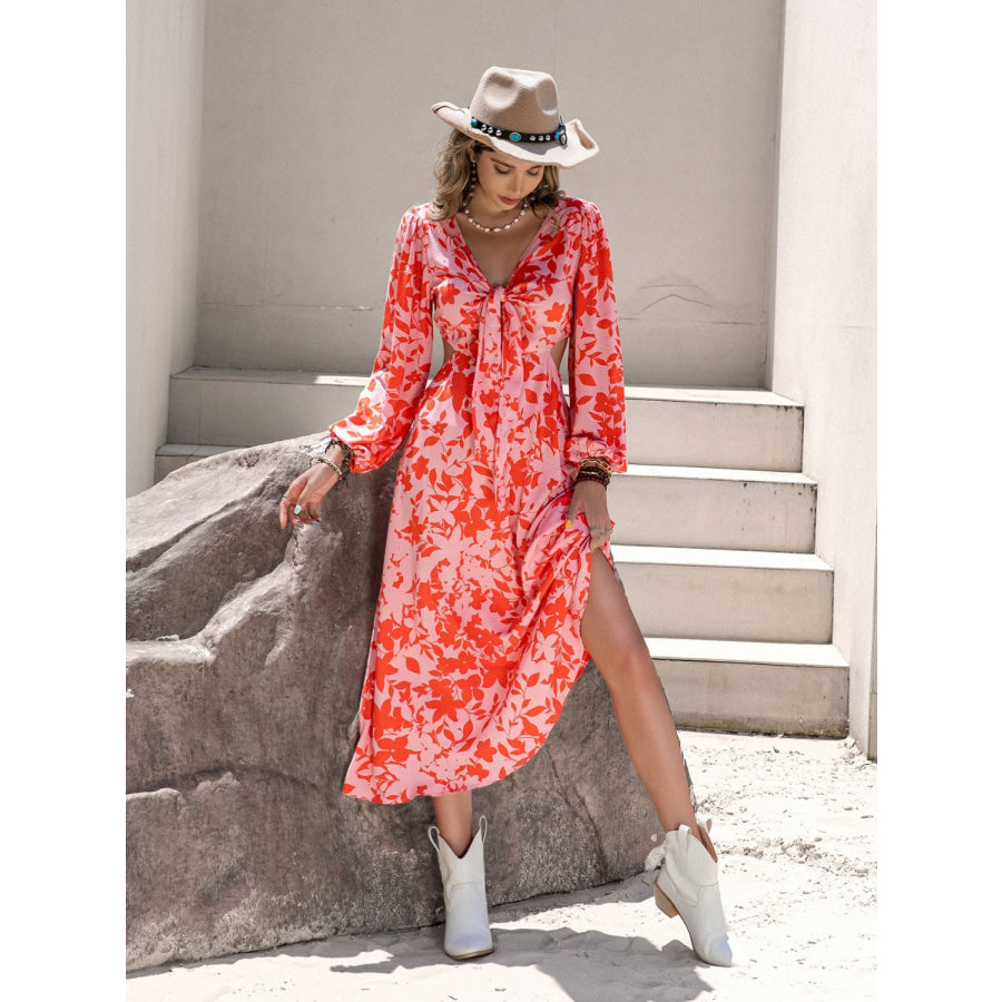 Tied Cutout Printed Long Sleeve Midi Dress Orange / M Apparel and Accessories