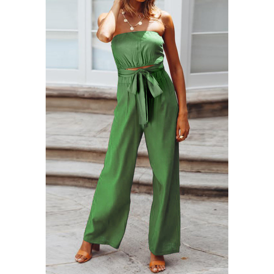 Tied Cutout Tube Wide Leg Jumpsuit Mid Green / S Apparel and Accessories