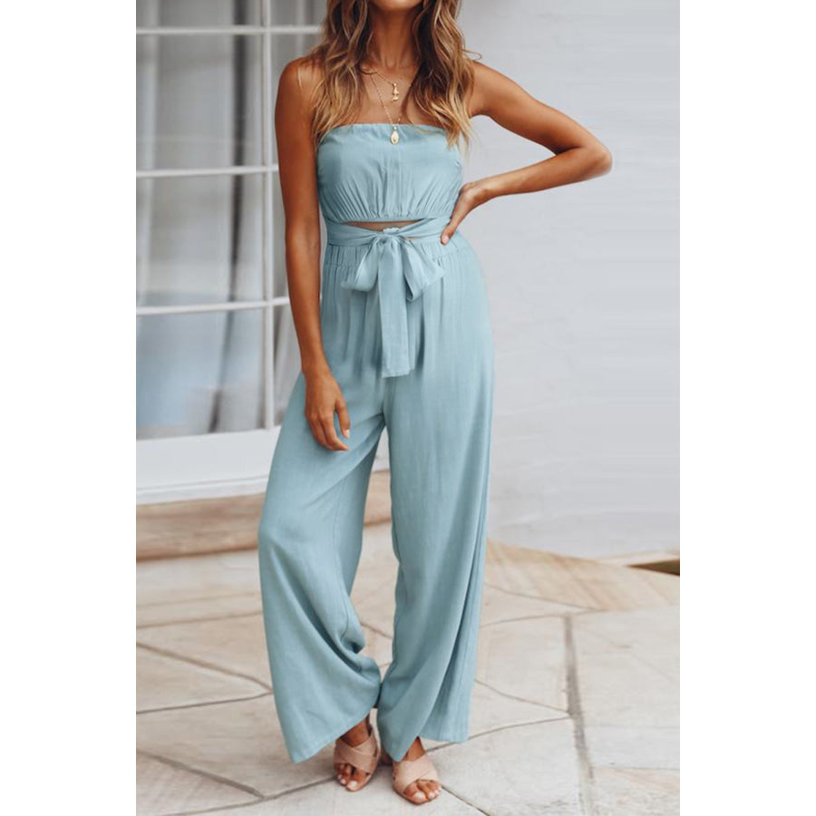 Tied Cutout Tube Wide Leg Jumpsuit Misty Blue / S Apparel and Accessories