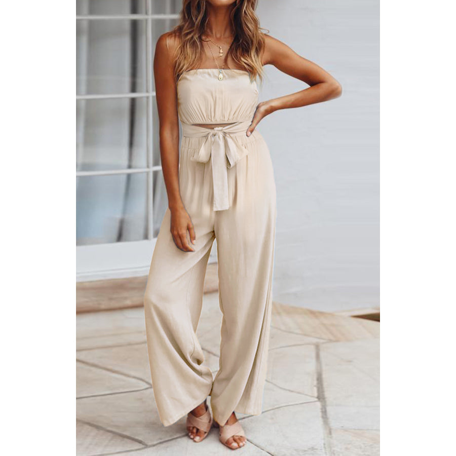 Tied Cutout Tube Wide Leg Jumpsuit Sand / S Apparel and Accessories