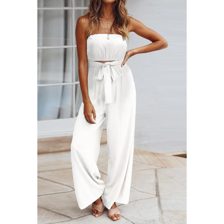 Tied Cutout Tube Wide Leg Jumpsuit White / S Apparel and Accessories