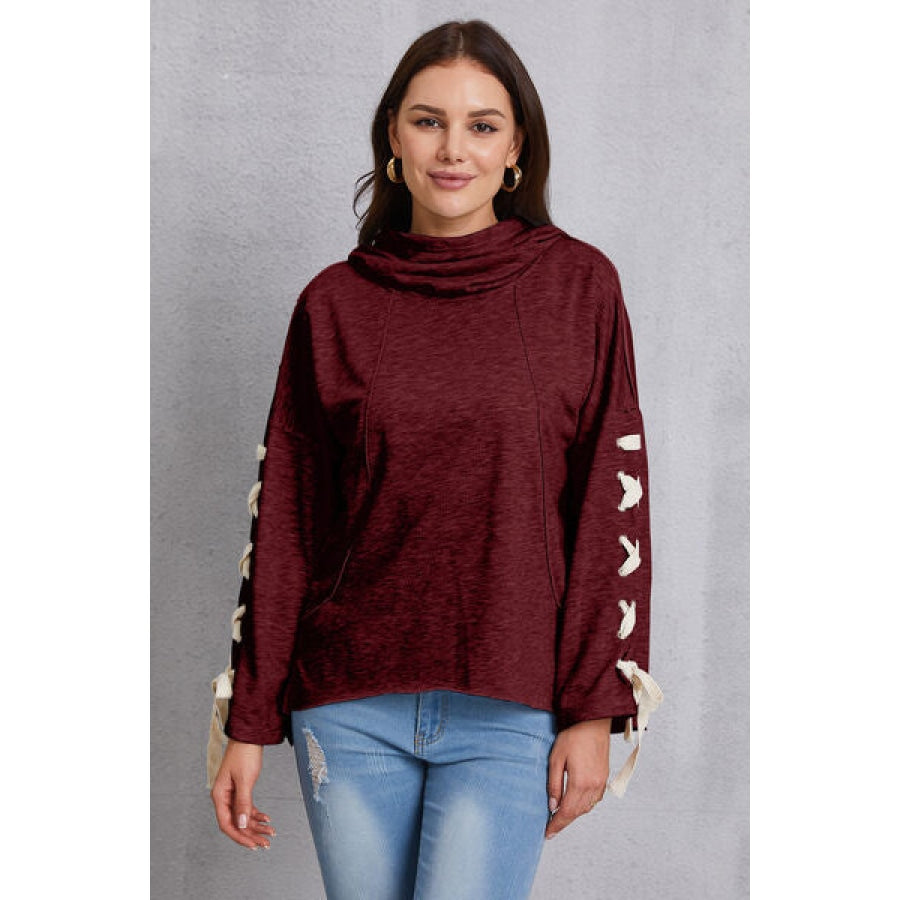 Tied Dropped Shoulder Hoodie Wine / S Apparel and Accessories