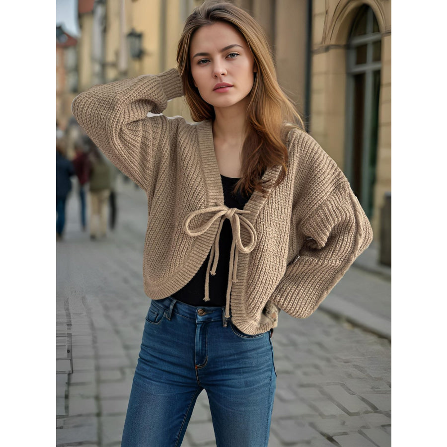 Tied Dropped Shoulder Long Sleeve Cardigan Apparel and Accessories