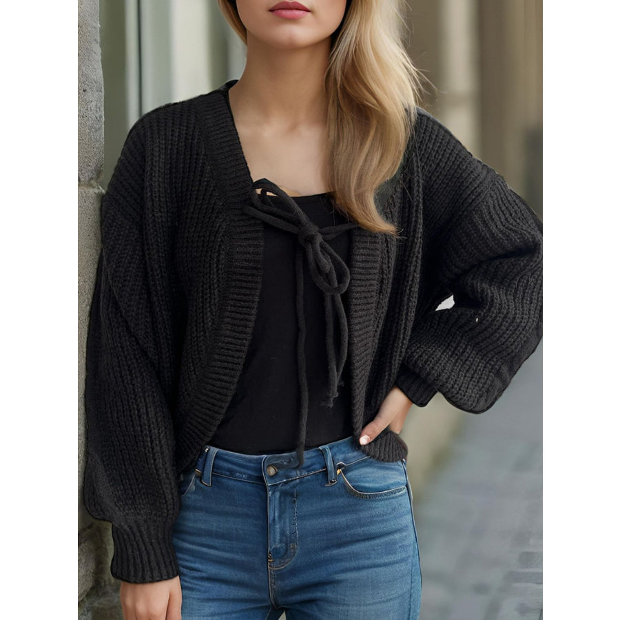 Tied Dropped Shoulder Long Sleeve Cardigan Black / One Size Apparel and Accessories