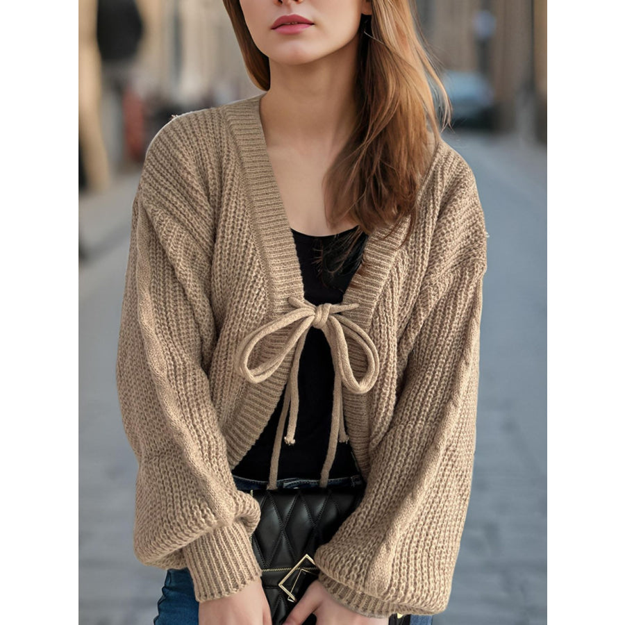 Tied Dropped Shoulder Long Sleeve Cardigan Camel / One Size Apparel and Accessories