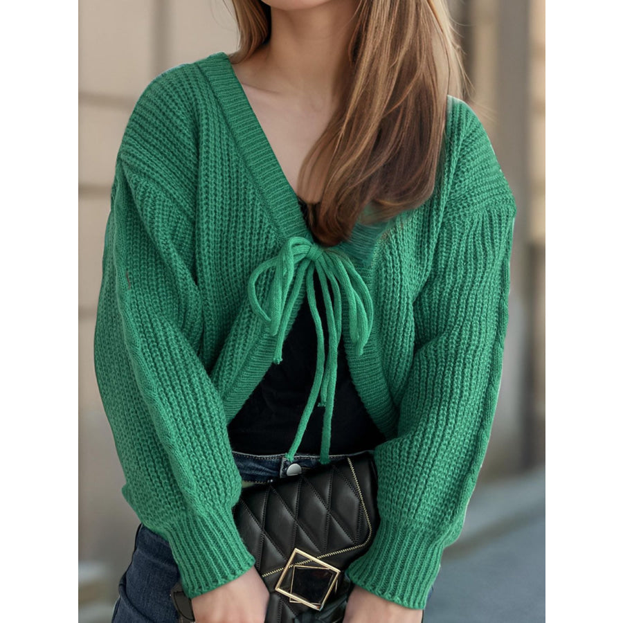 Tied Dropped Shoulder Long Sleeve Cardigan Green / One Size Apparel and Accessories