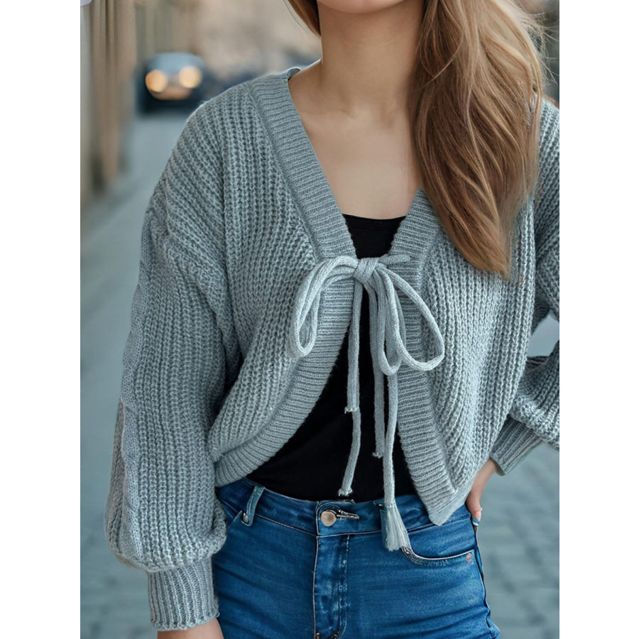 Tied Dropped Shoulder Long Sleeve Cardigan Light Blue / One Size Apparel and Accessories