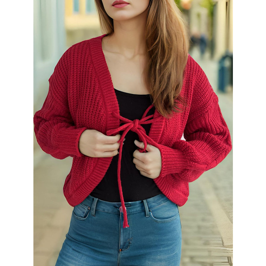 Tied Dropped Shoulder Long Sleeve Cardigan Scarlet / One Size Apparel and Accessories