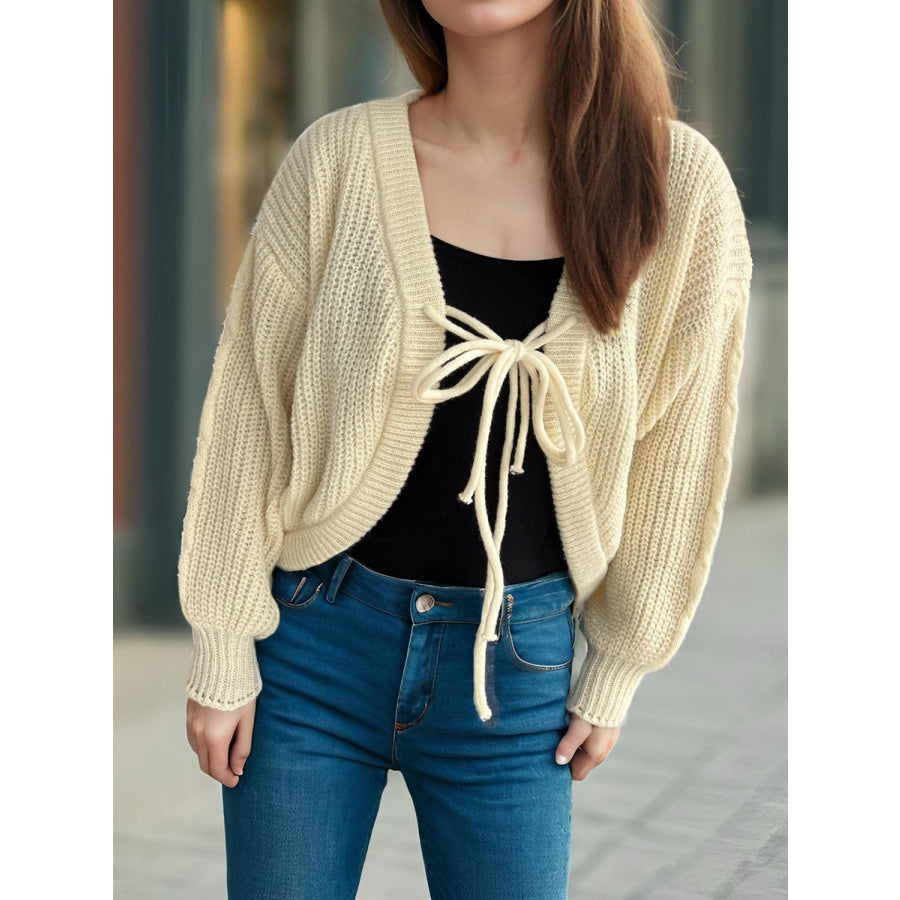 Tied Dropped Shoulder Long Sleeve Cardigan Tan / One Size Apparel and Accessories