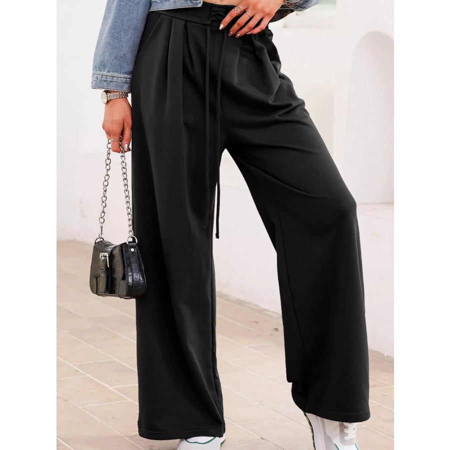 Tied Elastic High Waist Pleated Detail Solid Sweatpants Apparel and Accessories