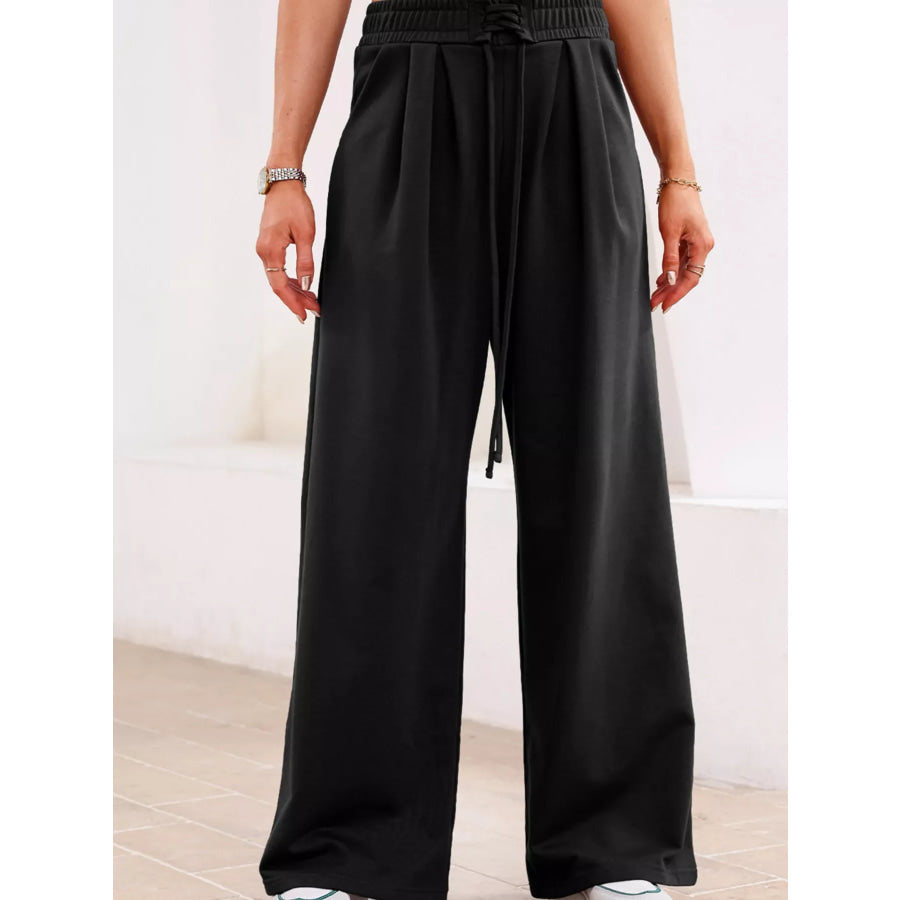 Tied Elastic High Waist Pleated Detail Solid Sweatpants Apparel and Accessories