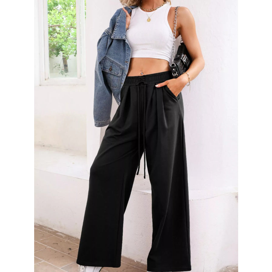 Tied Elastic High Waist Pleated Detail Solid Sweatpants Black / S Apparel and Accessories