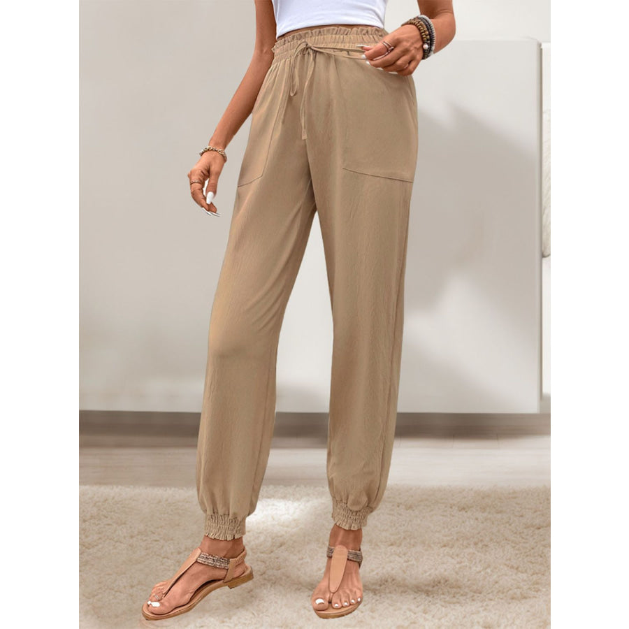 Tied Elastic Waist Pants with Pockets Apparel and Accessories