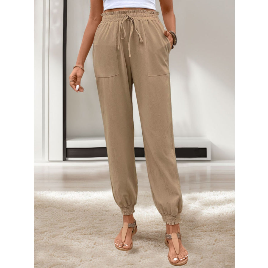 Tied Elastic Waist Pants with Pockets Apparel and Accessories