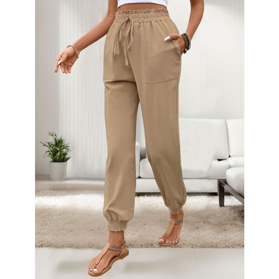 Tied Elastic Waist Pants with Pockets Apparel and Accessories