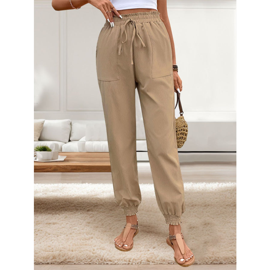 Tied Elastic Waist Pants with Pockets Tan / S Apparel and Accessories