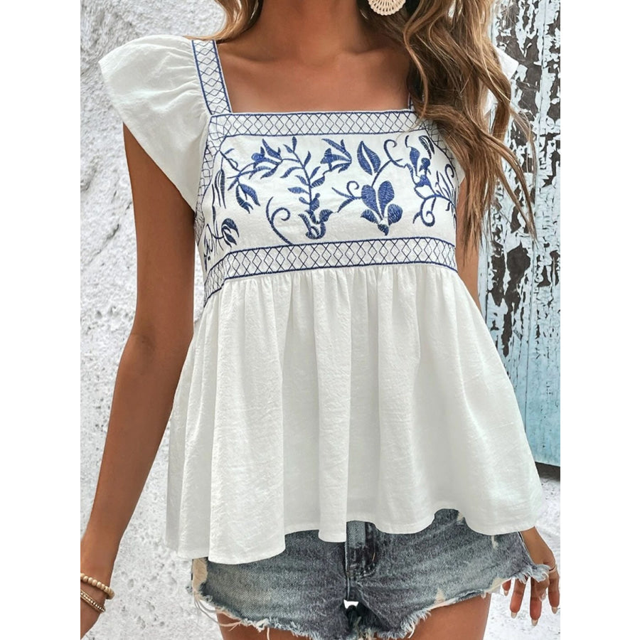 Tied Embroidered Ruffled Square Neck Cap Sleeve Blouse Apparel and Accessories