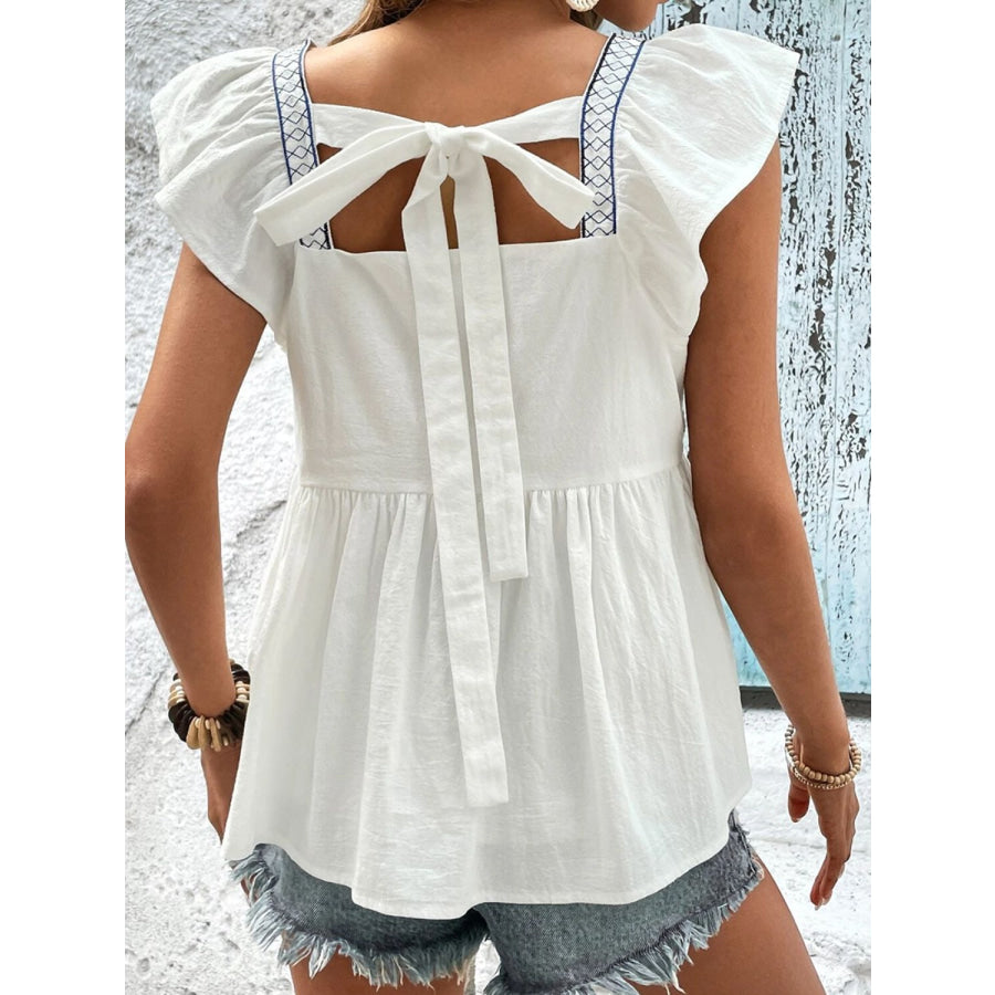 Tied Embroidered Ruffled Square Neck Cap Sleeve Blouse Apparel and Accessories