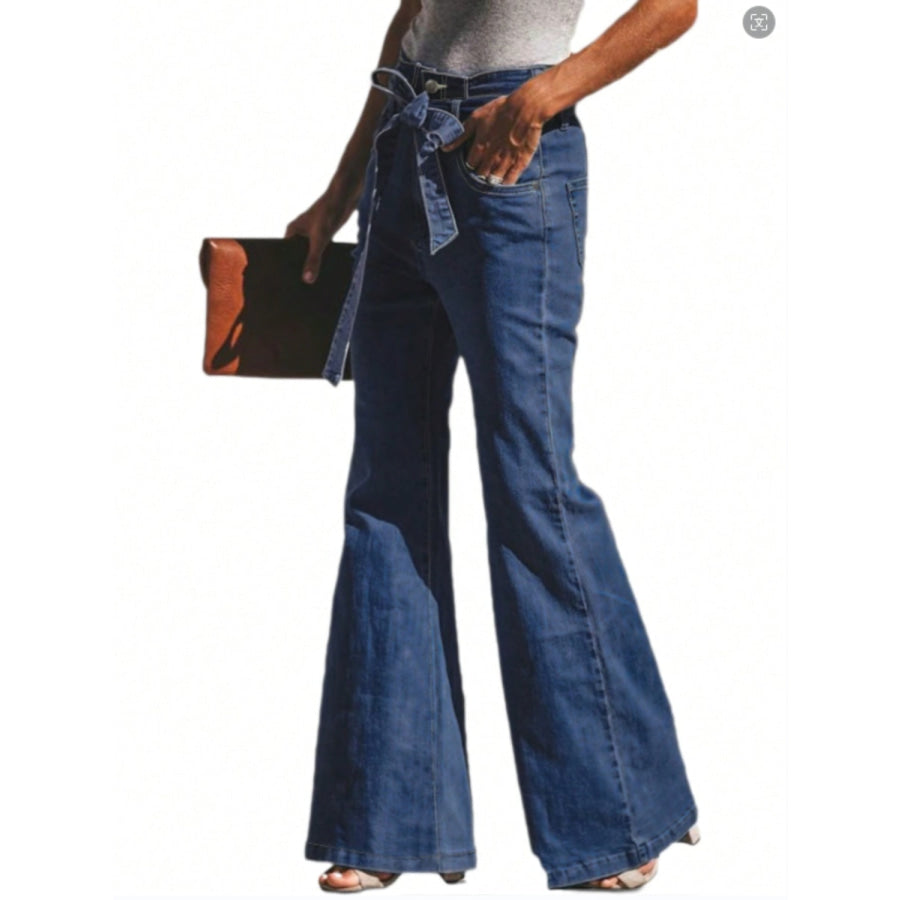 Tied Flare Jeans with Pockets Apparel and Accessories