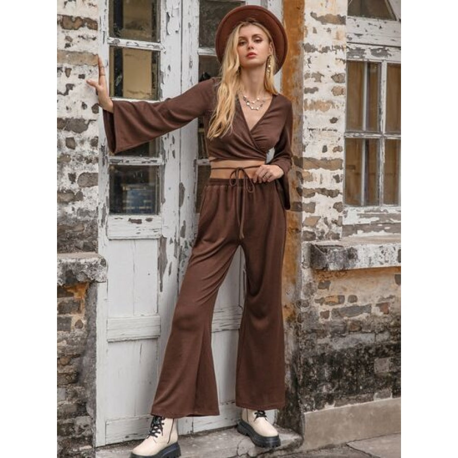 Tied Flare Sleeve Top and Pants Set Apparel and Accessories