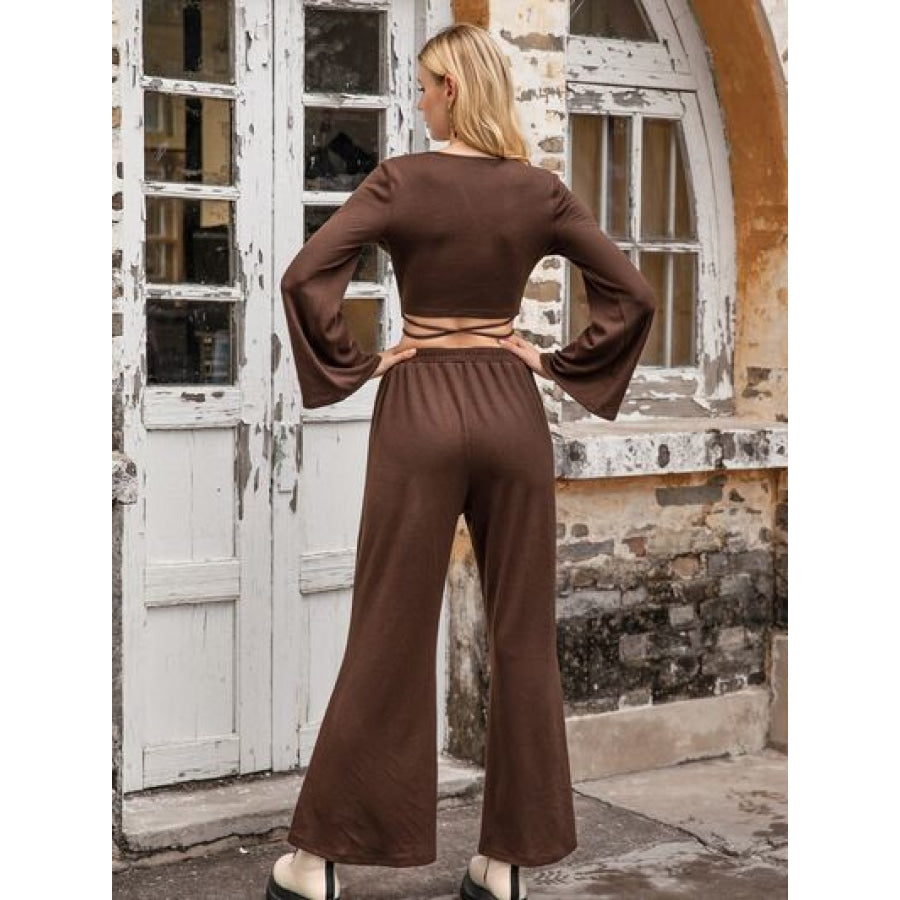 Tied Flare Sleeve Top and Pants Set Coffee Brown / S Apparel and Accessories