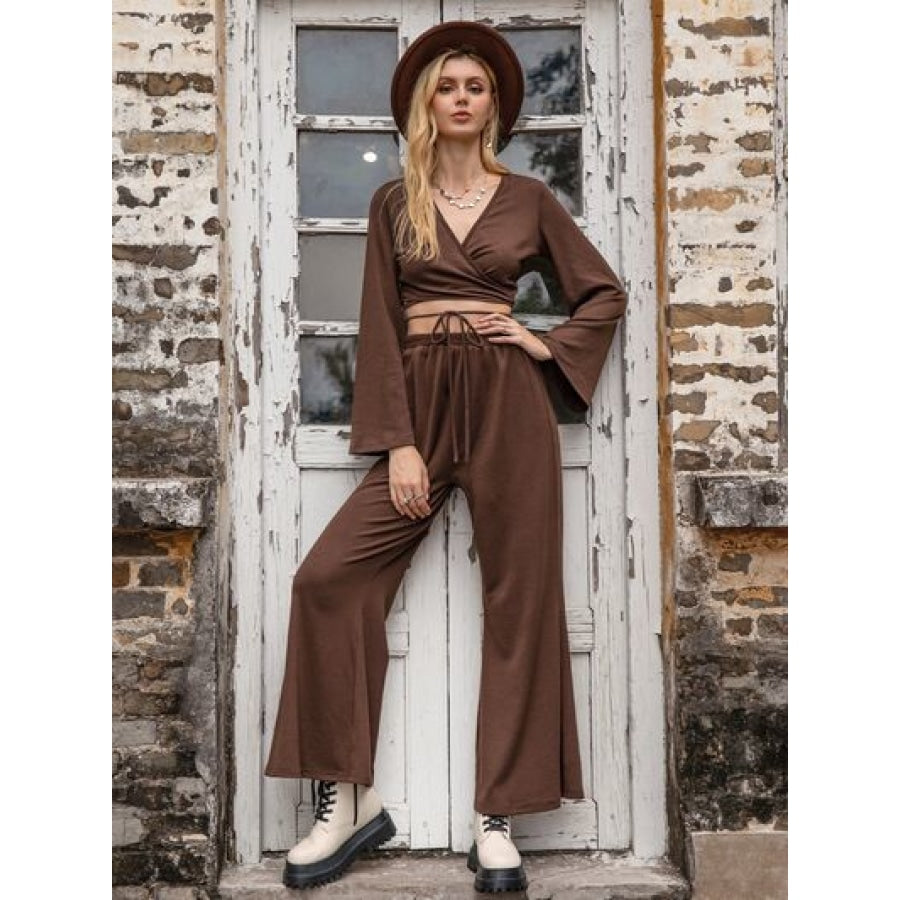 Tied Flare Sleeve Top and Pants Set Apparel and Accessories