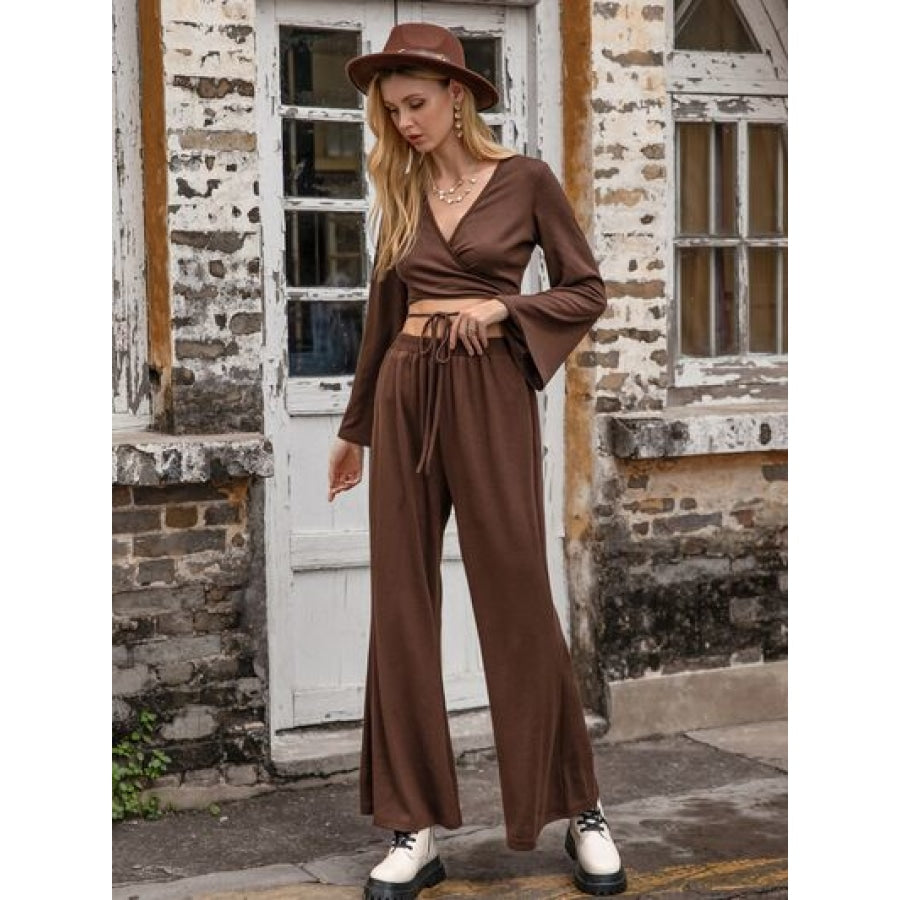 Tied Flare Sleeve Top and Pants Set Apparel and Accessories