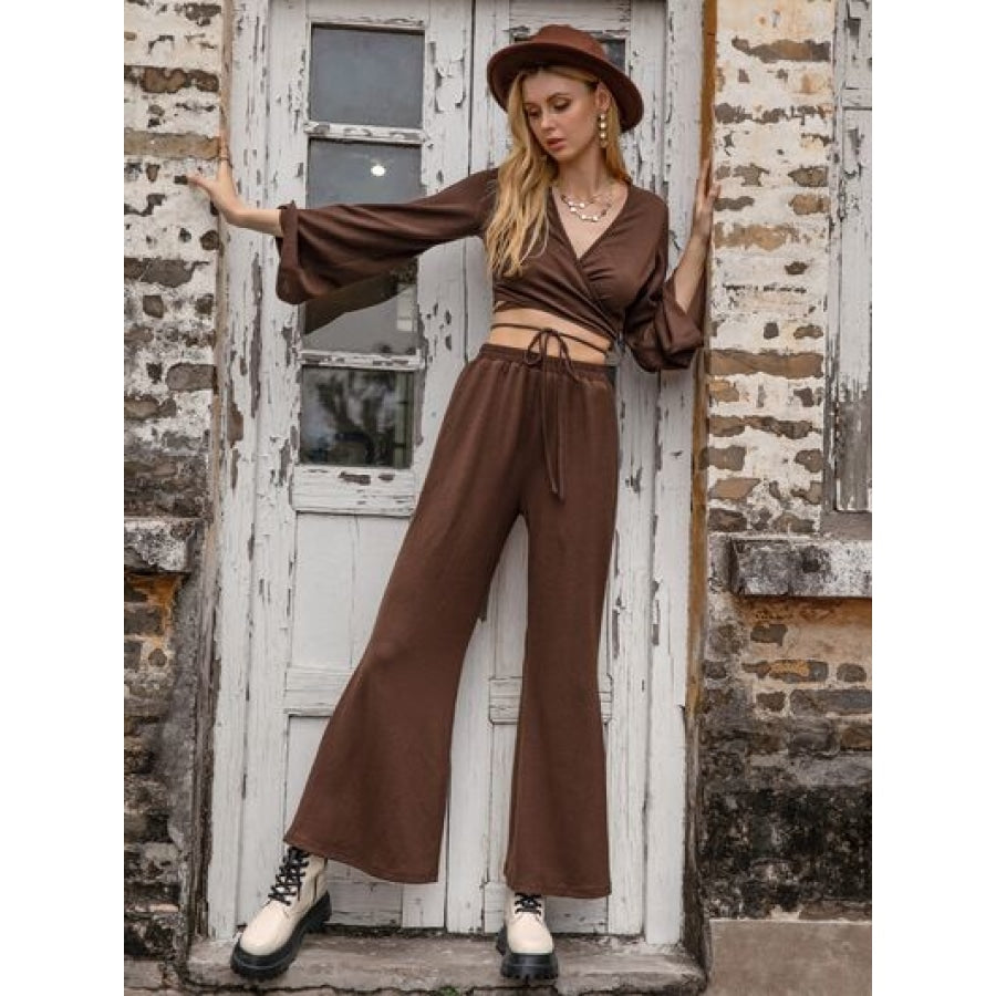 Tied Flare Sleeve Top and Pants Set Apparel and Accessories