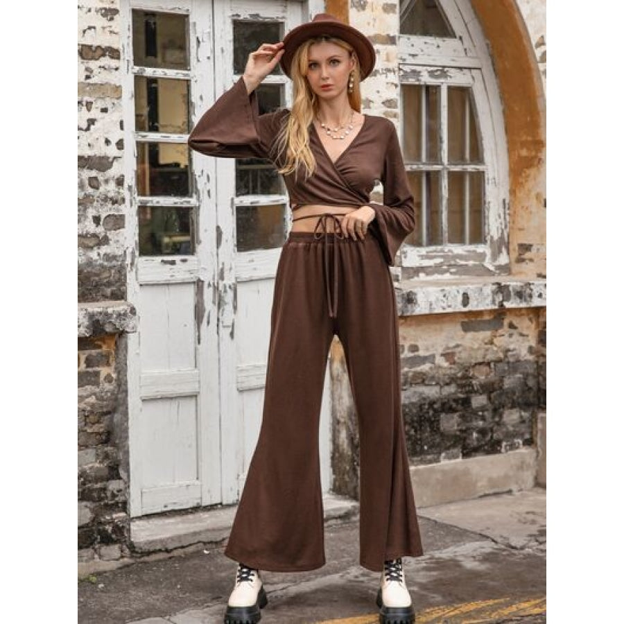 Tied Flare Sleeve Top and Pants Set Coffee Brown / S Apparel and Accessories