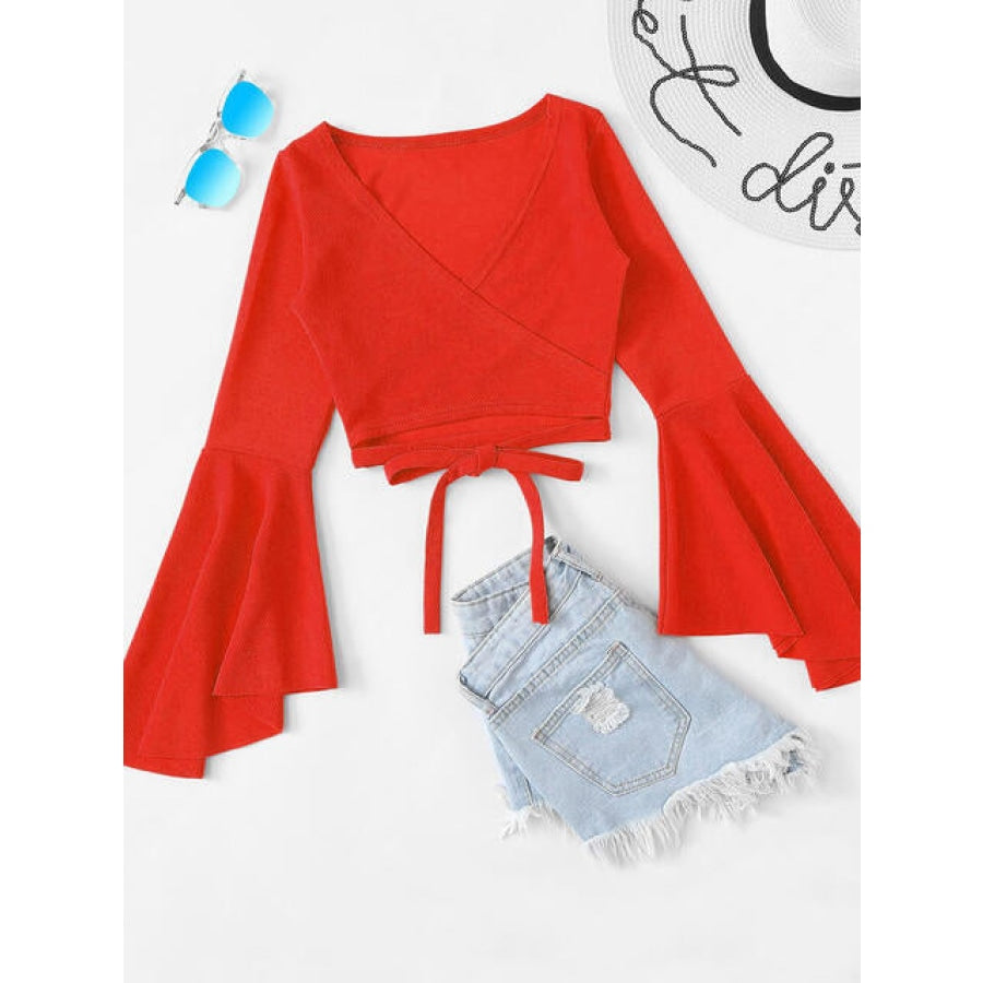 Tied Flare Sleeve Top Red Orange / S Clothing